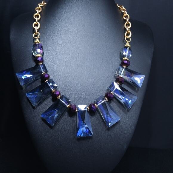 Blue Crystal Choker Necklace, Purple Beads, Gold Tone Chain, 21 Inches - Picture 4 of 8